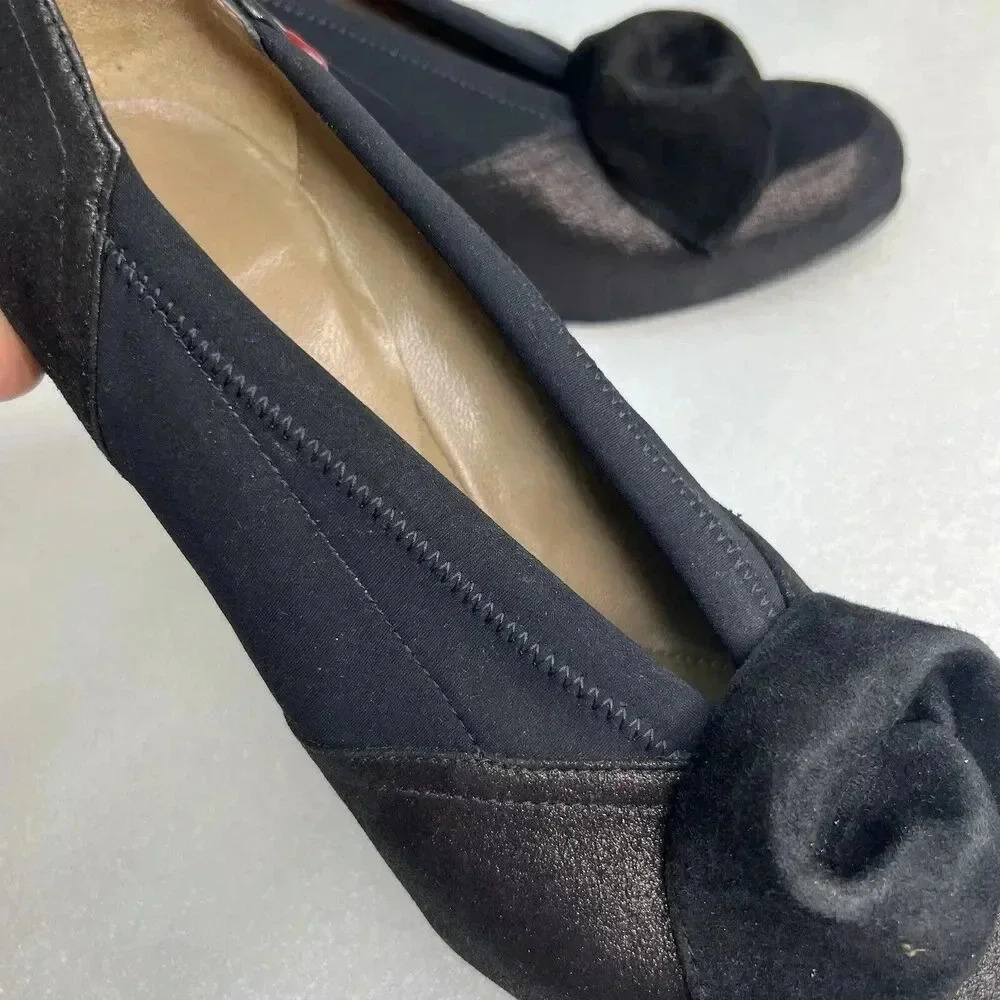 ANYI LU Hand Made‎ Italy Heels Black Fabric Metallic Leather Bow Detail Formal 9 - Picture 12 of 16